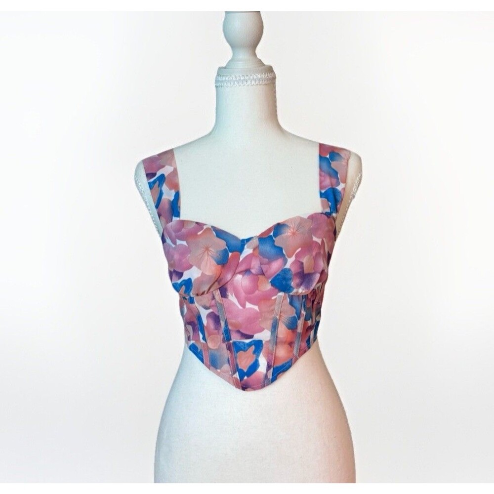 Cider Y2K Floral Corset Crop Top Pink Blue Bustier Cami Size Medium Boho Fairy
